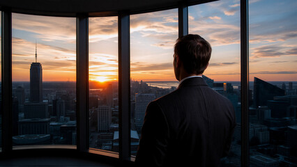 Aufkleber - A person in a suit gazes out a window at a cityscape during sunset. The window offers a view of the buildings and the sky with the sun setting. The person is thinking.