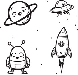  set of cartoon rockets doodle style