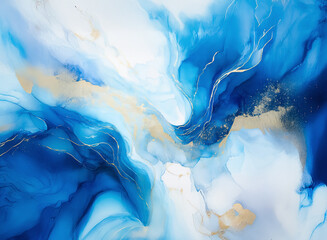 Aufkleber - Here's a description and keywords for the abstract art image:

A dreamy composition of flowing blues and whites accented with gold lines evokes a sense of depth. Hints of ethereal movement create a fl