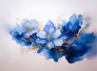 Aufkleber - This image showcases an abstract floral design in shades of blue, contrasted with shimmering gold elements. The floral design hints at elegant blooms and delicate leaves and petals.