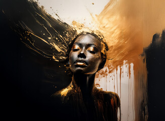 Aufkleber - The image showcases a female figure with dark skin and gold accents, possibly paint. The background features gold and black elements. It could represent beauty and elegance.