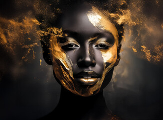 Aufkleber - A radiant face adorned with flowing golden accents, creating a dramatic contrast against a dark background. The artwork hints at transformation, elegance, and a touch of fantasy.