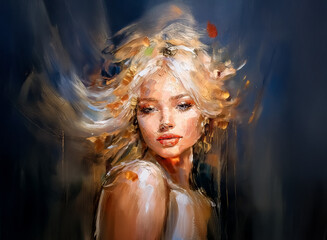Aufkleber - A painterly portrait hints at nature. A woman, rendered in expressive brushstrokes, gazes softly. Golden hair, adorned with ethereal elements, flows against a dark background.