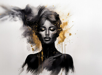 Poster - An ethereal, abstract portrait of a woman. A blend of black and white, enhanced with shimmering gold paint. The woman's eyes are closed. Hints of smoke-like forms complete the artistic impression.