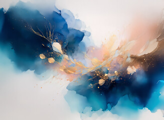 Aufkleber - An abstract watercolor painting hints at natural elements, with blues, golds, and subtle pinks blending. The art gives a feeling of flowing movement and ethereal light.
