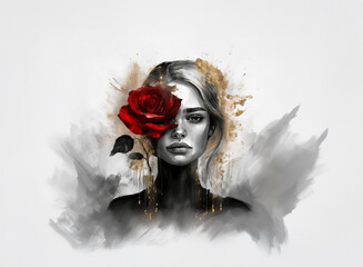 Aufkleber - A woman with a rose covering one eye is depicted in a creative style. Hints of gold and charcoal surround her, accentuating the contrast. This art piece is set against a minimalist backdrop.