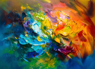 Leinwandbilder - Hints:  The image depicts vibrant, textured brushstrokes of various colors. It's an abstract display of light and shape.

Abstract composition bursts with energetic brushstrokes. A colorful painting w