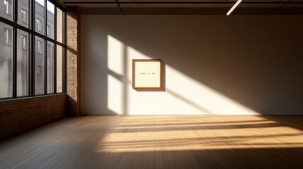 Poster - A single framed family picture adorns a spacious wall, illuminated by natural light creating dynamic shadows. The atmosphere feels inviting and warm
