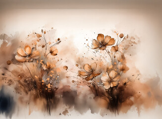 Aufkleber - An abstract floral watercolor, with hints of earth tones. Delicate flowers bloom amidst flowing brushstrokes. The soft texture creates a peaceful, natural ambience, suggesting a field of wildflowers.