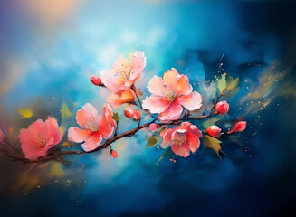 Fototapete - **Image Description:**

A delicate floral branch blossoms amidst a soft, dreamy ambiance. The blossoms are radiant in shades of pink, juxtaposed against a tranquil backdrop, conveying beauty and growt