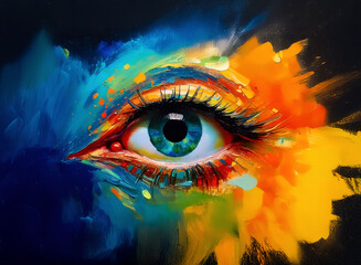 Poster - Vibrant eye gazes intensely, surrounded by an explosion of colorful paint.  Brushstrokes create a dynamic and artistic representation, blending hues of blue, yellow, and orange.