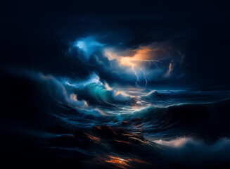 Poster - A dramatic seascape captures a powerful storm at sea.  Large waves surge beneath a dark, ominous sky illuminated by flashes of lightning, creating a scene of turbulent natural energy.