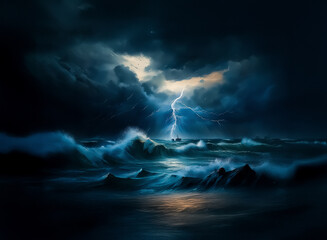 Poster - A dramatic seascape shows a turbulent ocean under a dark, stormy sky illuminated by a bright lightning strike. Powerful waves crash in the night.
