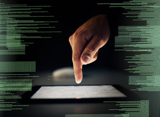 Wall Mural - hacker, coding and finger in night with tablet, hologram and information technology, criminal and pe