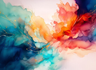 Poster - Abstract watercolor painting featuring vibrant colors blending together.  Blue, green, orange, red and pink hues create a dynamic and fluid artwork with delicate golden lines.