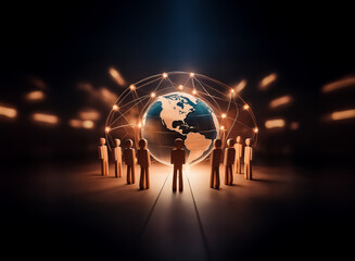 Poster - Figures surround glowing globe with network connections, symbolizing global teamwork and futuristic digital communication in a dark setting.