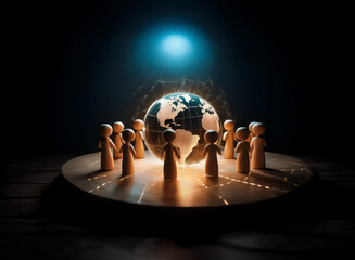 Poster - Wooden figures encircle a glowing globe on a platform, illuminated by a spotlight.  A dark backdrop enhances the scene, suggesting themes of global unity and interconnectedness.