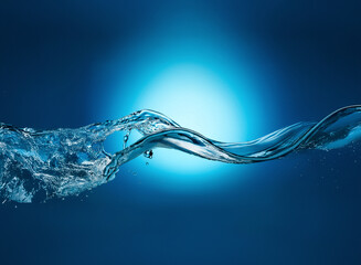 Leinwandbilder - A captivating close-up shows a wave cresting against a gradient blue backdrop. Clear water with light reflections creates dynamic highlights and shadows, conveying motion and freshness.