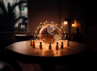Poster - Illuminated globe on a wooden table encircled by small wooden figures. Glowing lines depict network connections and worldwide communication.