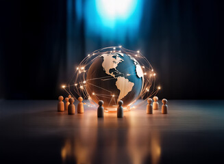Aufkleber - A wooden globe is encircled by glowing network lines, while small wooden figures stand around it, all against a dark backdrop. Symbolic of global connection and technology.