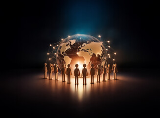 Aufkleber - Figures circle a luminous globe with network lines in a dark setting. Illuminated world map and people create a bright focal point.