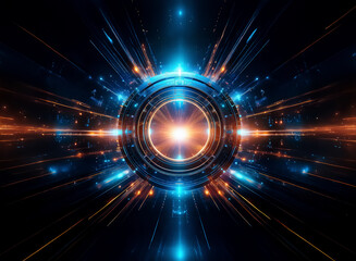 Fototapete - Abstract futuristic design shows a central glowing circle with radial light rays in blue and orange colors against a dark backdrop, creating a vibrant and dynamic visual.