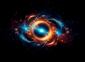 Poster - A cosmic swirl of vibrant orange and blue energy radiates from a bright center against the dark void of space, resembling a nebula or a celestial gateway.