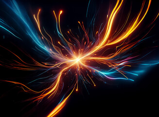 Poster - Abstract light streaks burst from a central glow, creating dynamic energy against a dark backdrop. Orange and blue hues intertwine in a vibrant display of motion and light.