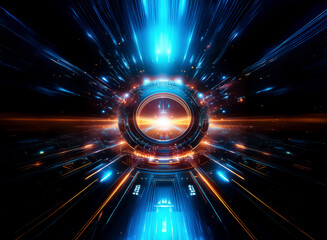 Poster - Vibrant, futuristic scene with glowing blue and orange lights emanating from a central circular element.  Abstract design evokes a sense of energy and motion, like traveling through a digital portal.