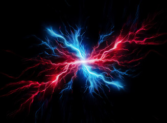 Fototapete - Vivid red and blue lightning bolts collide intensely at the center against a stark black backdrop, creating a powerful display of energy and contrast. The electric discharge branches out dynamically.