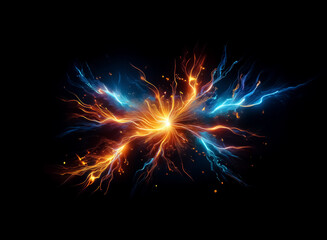 Poster - Fiery energy explosion bursts with vibrant orange and cool blue streaks against a stark black backdrop, creating a dynamic and electrifying visual.
