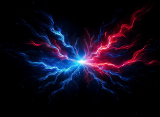 Poster - Vibrant image displays streaks of red and blue energy, radiating from a bright center against a stark black backdrop. Resembles dynamic lightning or plasma effect.