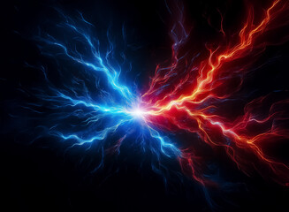 Fototapete - Striking blue and red lightning bolts clash intensely in the dark void, creating a powerful energy surge at the point of impact.  Dramatic and vibrant display of opposing forces.