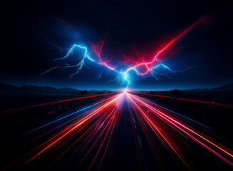 Poster - A dark highway stretches into the distance under a stormy night sky. Red and blue lightning bolts clash above, illuminating fast moving light trails on the road.