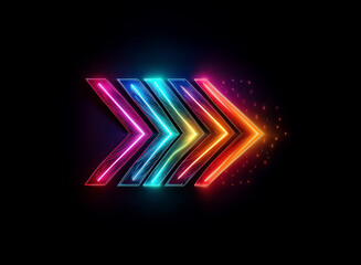 Poster - Vibrant layered arrow design with neon colors illuminates a dark background.  The glowing elements create a sense of dynamic direction and modern digital aesthetic.