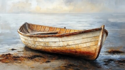  Weathered wooden rowboat on misty shoreline