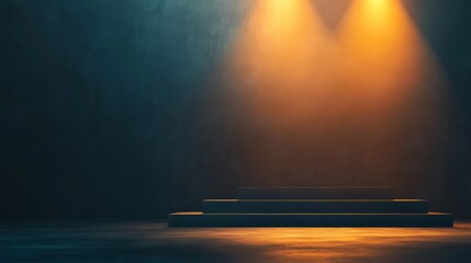Aufkleber - A dark-green podium showcases three tiered levels, illuminated by warm golden spotlights, surrounded by a reflective black floor and ample copy space on one side