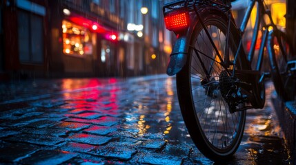 Poster - A bicycle stands parked on a cobblestone street, its red tail light glowing softly in the dim light of a rainy evening, creating an inviting atmosphere