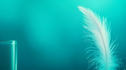 Poster - A single white feather rests gently on a smooth glass surface, with soft blue light reflections enhancing its delicate texture, leaving space for creative use