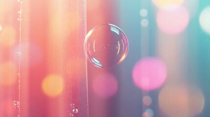 Fototapete - A macro view captures a soap bubble showcasing iridescent colors of blue, pink, and gold while soft light creates abstract patterns across its surface