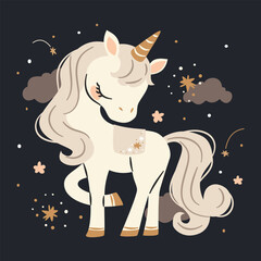 Wall Mural - Flat vector illustration in a simple children's style. Cute unicorn on dark background with stars and clouds, print for printing on children's products . Vector illustration