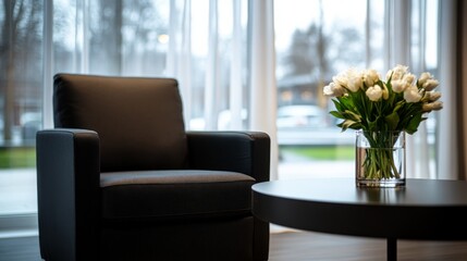 Leinwandbilder - This contemporary office lounge features sheer white curtains, a black armchair, and a stylish coffee table with fresh flowers, creating a serene atmosphere