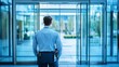 © Liliant - Security guard standing at glass doors of modern building.