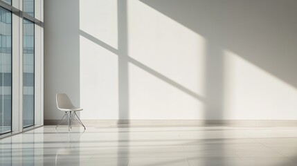 Poster - Bright and airy studio features a minimalist design with a white chair and a camera on a tripod positioned to utilize natural light from a large window