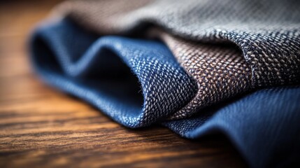 Poster - A single folded pair of denim jeans displays stitching and distressed features, hanging beautifully against a rustic wooden backdrop in soft natural light