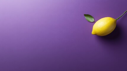 Poster - A fresh lemon rests on a smooth lavender surface with a green leaf, illuminated by soft natural light, creating a bright and inviting composition