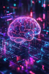 Wall Mural - holographic depiction of a human brain in a futuristic technological setting