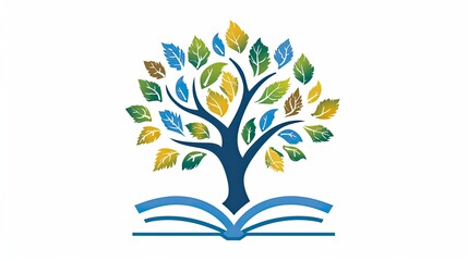 Logo design: a tree with leaves and an open book on a white background