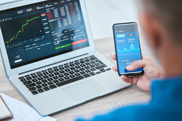 Aufkleber - Man, smartphone and laptop or trading on stock market, fintech and analyse growth graphs for investment. Investor, blockchain and statistics or currency conversion, financial app and business screen