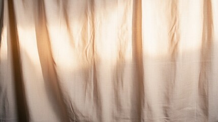 Leinwandbilder - Delicate white curtain softly drapes in warm sunlight, with shadows enhancing the texture, evoking a peaceful ambiance in a sunlit interior space